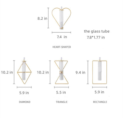 yaocoral Nordic Wall Vase Hanging Geometric Gold Flower Vase Wall Mount Metal Frame Vases Hydroponic Glass Bud Vase Decor for Home Wedding Farmhouse