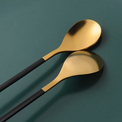 AnSaw 6-Piece Elegant Black & Gold Leaf Long Handle Teaspoons - 7.4"