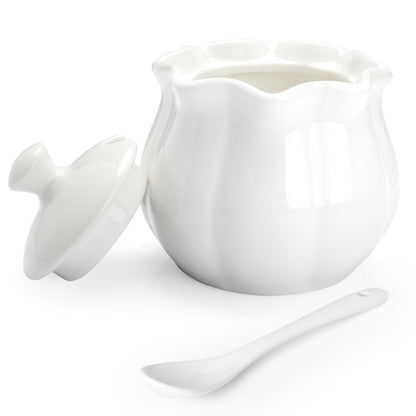 Swetwiny Ceramic Sugar Bowl with Lid and Spoon, Flower-Shaped Porcelain Salt Storage Jar, White Seasoning Container for Home and Kitchen, 9 Ounces