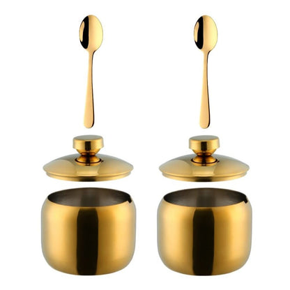 Color ME! Stainless Steel Condiment Pots Color Me Kitchen Condiment Jars with Lids and Spoons Shatterproof Metal Seasoning Jars for Home and Restaurant, Large Capacity, (11.84 Oz), Gold