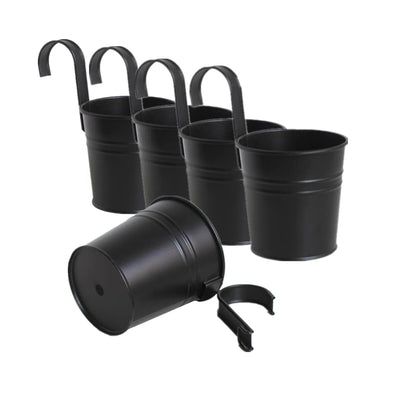Leoyoubei Hanging Flower Pots for Outdoor Indoor Plants with Removable Hooks -5 Pack Metal Buckets Hanging Plant Pots Wall Fence Home Decor-Storage Box,Drainage Holes -5''Diameter (Black)