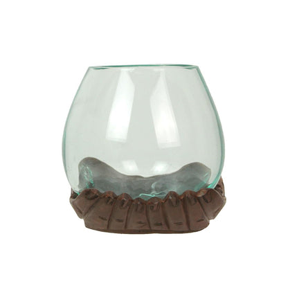 Blown Molten Glass and Carved Wood Hands Decorative Bowls, Vases, and Terrariums, 6 Inches High