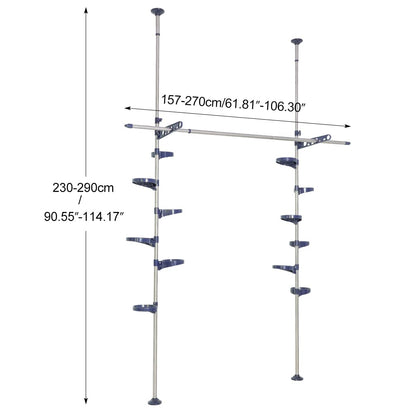 BAOYOUNI Indoor Tension Plant Pole Stands Double Rods Flower Pots Storage Shelf Floor to Ceiling Display Rack Hanger with 12 Trays, 2 Hooks & 1 Telescopic Rod for Clothes Drying, Navy Blue