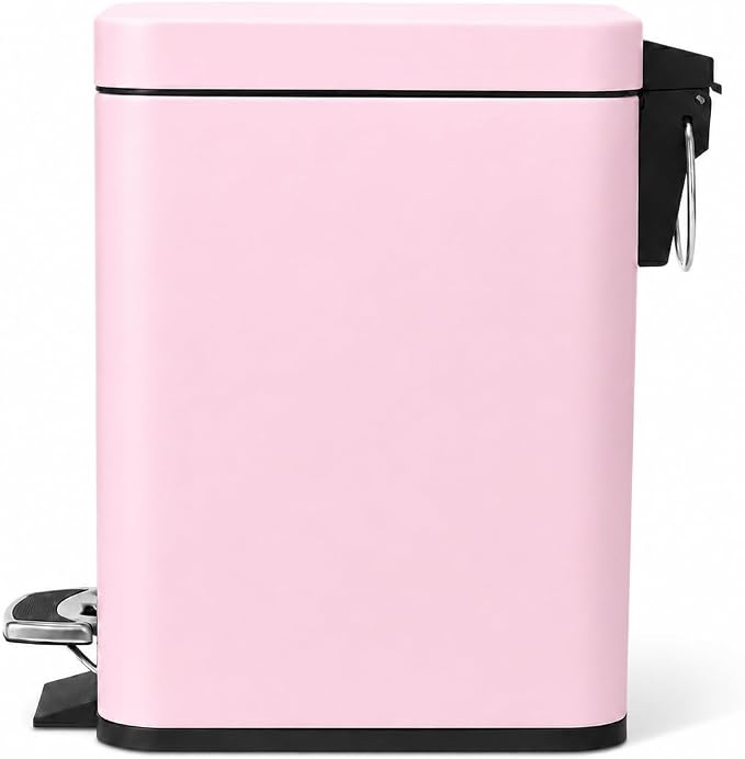 Home Zone Living 1.3 Gallon Small Bathroom Trash Can with Lid and Step Pedal, Stainless Steel Wastebasket with Slim Design for Home and Office, Matte Pink, 5 Liters