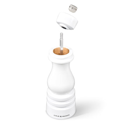 Cole & Mason H233095 London White Gloss Salt and Pepper Mill Set, Precision+ Carbon/Ceramic Mechanisms, Salt and Pepper Grinders with Adjustable Grind, Beech Wood, 180mm, Gift Set