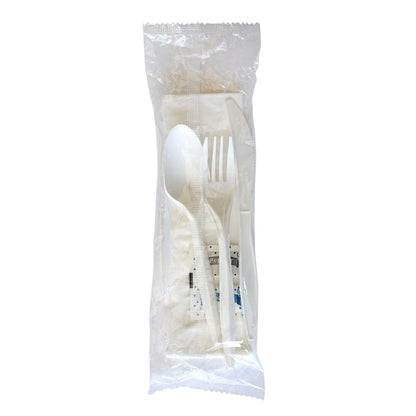 Boardwalk Three-Piece Disposable Cutlery Kit, 250 Count, Fork/Knife/Spoon/Napkin, Salt & Pepper, Medium Weight, Plastic, White, Individually Wrapped