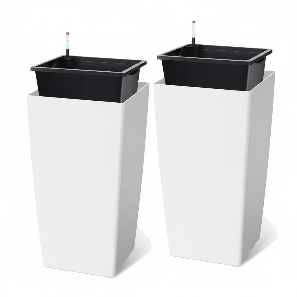 30 Inch Tall Self Watering Planters Set of 2, Outdoor Plant Pots with Automatic Watering System, Water Level Monitor, Drainage, Wheels & Inner Bucket, for Front Porch & Indoor Plants White