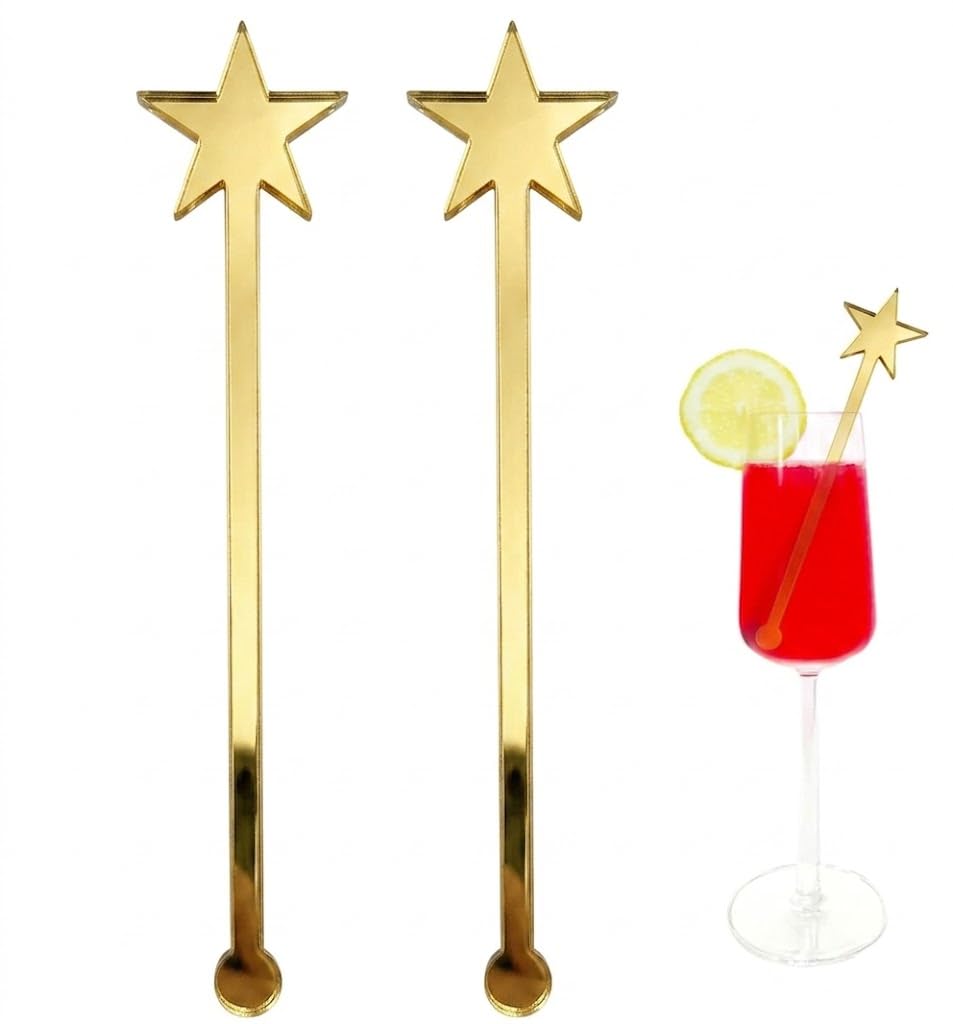 20PCS Star Drink Stirrers, Acrylic Cocktail Stirrers, Drink Stirrers, Laser Cut Wedding Decor Drink Stirrers Swizzle Sticks (Gold Mirror)