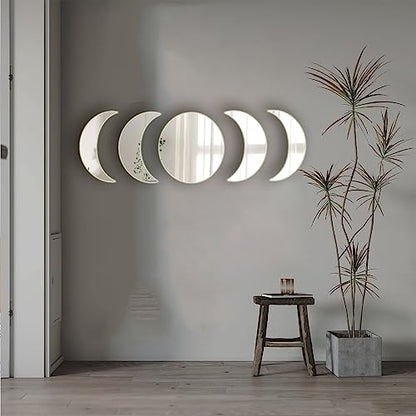 5 Acrylic Mirror Wall Stickers - Self Adhesive Moon Phase Mirrors - Bohemian Decor for Home, Living Room, Bathroom, Bedroom (15cm)