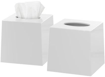 DWËLLZA HOMË 2 Pack White Tissue Box Cover – Square Tissue Box Holder for White Bathroom Accessories Countertop, Decorative Tissue Cover and Square Cube Holder for Modern Home, Office or Dresser Décor