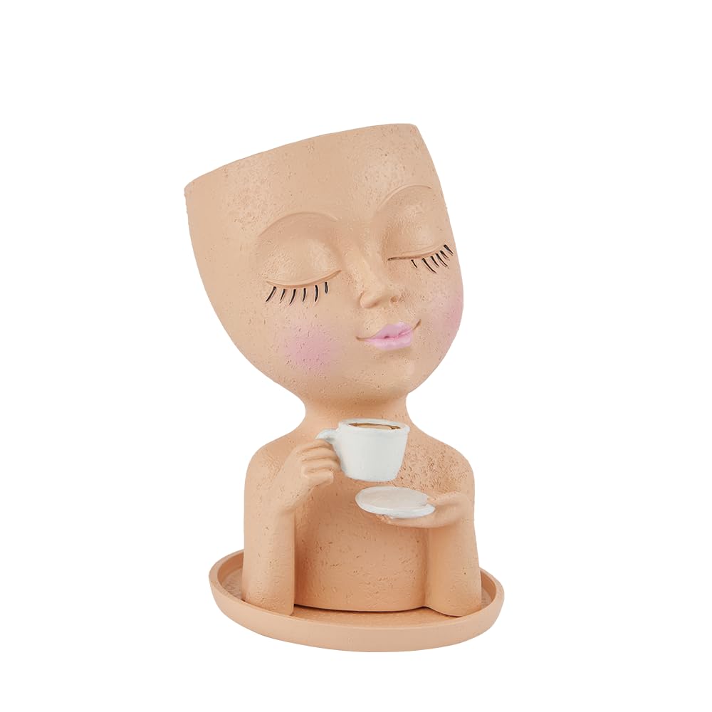 Simabsie Face Planter Pots, Resin Face Planter for Indoor/Outdoor Plants,Head Planter with Drainage Hole/Removable Saucer,Girl Holding Coffe (Coffee, Skin)