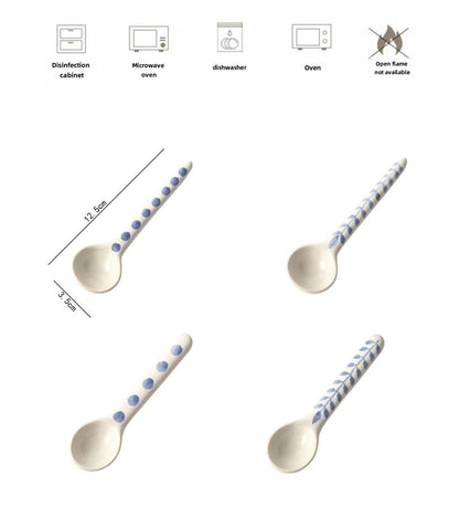 4-Pack - Ceramic blue and white Afternoon Tea, Coffee Whisk, Handmade Spoon,Pointed-head/Round-head handle coffee spoon, tea scoop for loose tea, Size 4.9 * 1.3 in（12.5 * 3.5 cm）