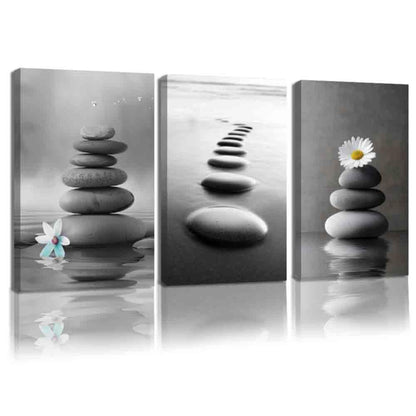 CCWORKERRY 3PCS Zen Stones Canvas Wall Art Black and White Zen Stone Painting Calming Meditation Wall Decor for Yoga Studio Office Spa Bathroom (gray,11W x14L x3)