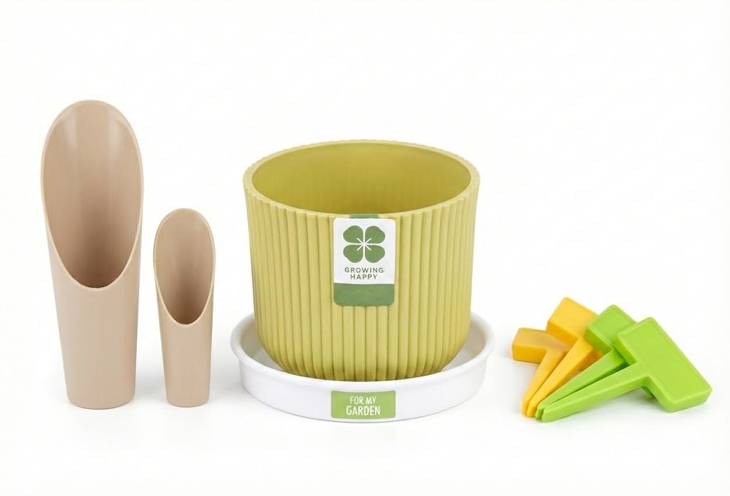 Complete DIY Gardening Starter Kit – 12cm (4.7") Ribbed Planter Pot with PP Saucer, 2 Cylindrical Soil Scoops for Repotting, & 20-Pack Writable Garden Labels – Lightweight Plant Set for Beginners