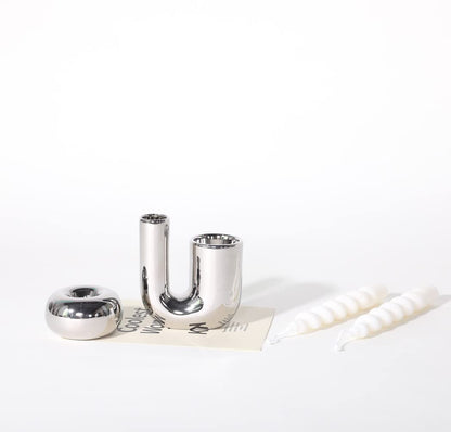 ITrixgan Silver Candlestick Holders, Decorative Taper Candle Holder Set Decor for Table Centerpiece Fireplace, Modern Silver Candle Holders Set, Aesthetic Ceramic Candle Stick Holder