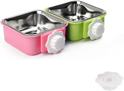 Crate Dog Bowl,Removable Stainless Steel Water Food Feeder Bowls Crate Coop Cup,Pet Cage Bowls with Bolt Holder for Cat, Puppy, Birds, Rats, Rabbits Small Animals ((Green+Pink) Square, Samll)