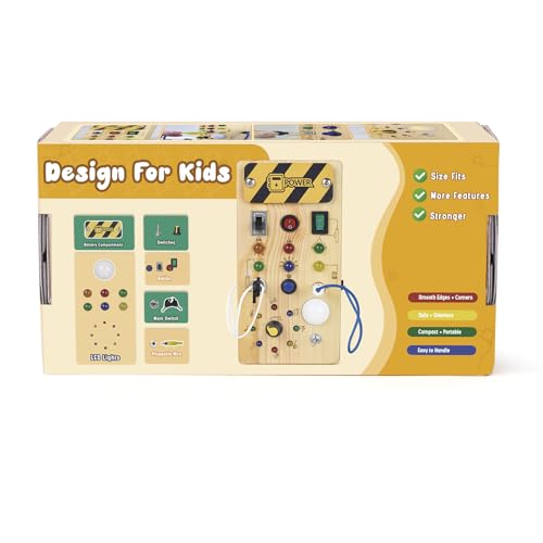 Montessori Wooden Busy Board with 8 LED Light switches, Sensory Toys Light Switch Travel Toys for 1+ Year Old Baby and Toddler