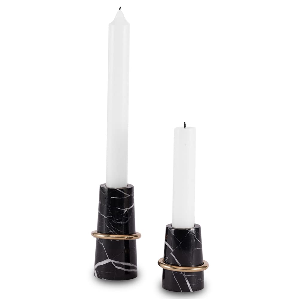 JIMEI Luxurious Marble Candle Holders Black Candlestick Holders, Set of 2 for 3/4" Taper Candles, Black and Brass Gold, Modern Candle Holders for Table Centerpiece Wedding Home Decor