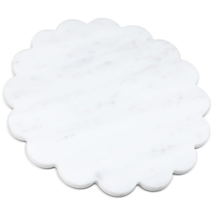 Newtay 12 Inches Marble Cutting Board Round Marble Tray White Scalloped Board with Non Slip Decorative Pastry Tray for Kitchen Pizza Cake Bread Baking Cheese Display