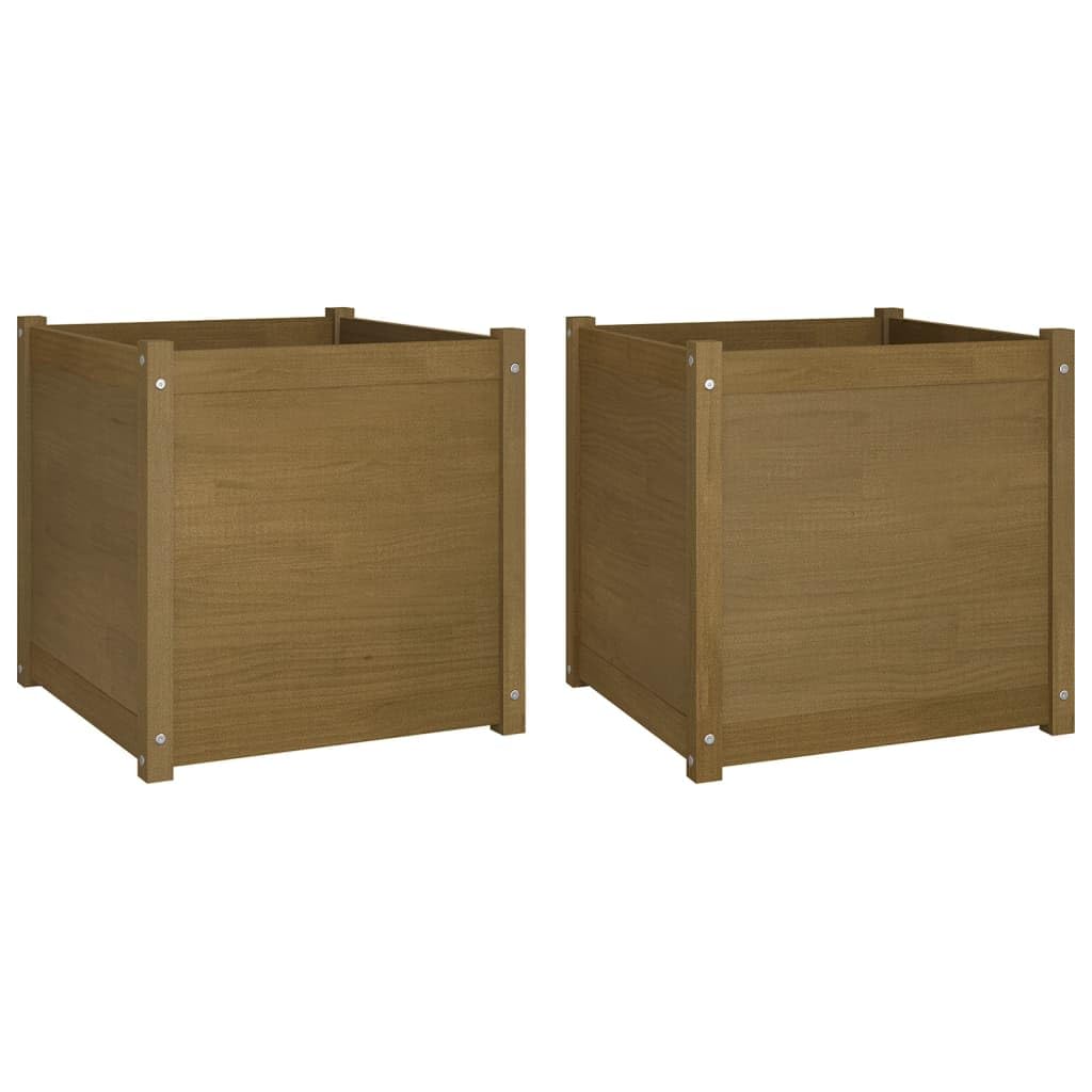 Owoxanthellate Honey Brown Square Wood Planter Set for Outdoor Spaces, 23.6 x 23.6 x 23.6 in Solid Pine Garden Flower Pots, Weathered Finish for Patio Terrace and Balcony