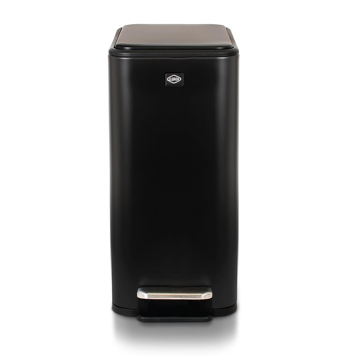 Clorox Slim Trash Can - 2.6 Gallon (10 Liter) Small Metal Trash Can with Soft Close Lid, Step Pedal, Removable Bucket - Black Stainless Waste Bin for Narrow Spaces, Bathroom, and Office