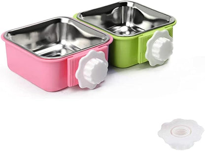 Crate Dog Bowl,Removable Stainless Steel Water Food Feeder Bowls Crate Coop Cup,Pet Cage Bowls with Bolt Holder for Cat, Puppy, Birds, Rats, Rabbits Small Animals ((Green+Pink) Square, Large)