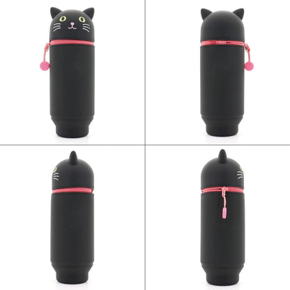 LIHITLAB Kawaii Japanese Cat Large Stand Up Pencil Case For School Office College, Cute School Supplies, Animal Pen Holder Pencil Pouch Holder Girls, Artist Pencil Case, Gray Cat (A7714-4)