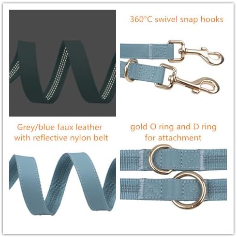 Multifunctional Reflective Leather Dog Collar and Leash Set 7FT, Easy to Clean Leather Leash Collar with Gold Metal Buckle(L, Grey Blue)