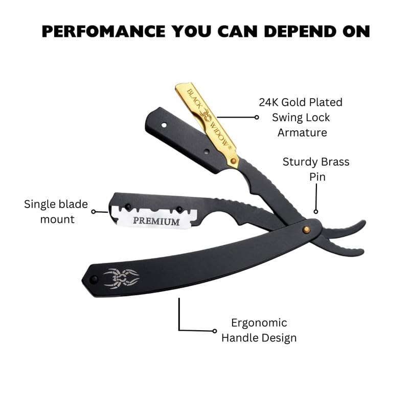 Black Widow Razor, Professional Straight Razor for Men, Safety with 10 Pack Blades (1.5mm Exposure) (Gold)