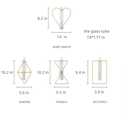 2 Pack Nordic Wall Vase,Gold Geometric Vase Hanging Hydroponic Planter,Wall-Mounted Metal Glass Tube Bud Vase Decorative for Centerpieces Wedding Home Decor(Gold 5)