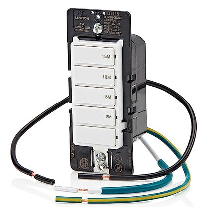 Leviton Countdown Timer Switch for bathroom fan and household lights, 5-10-15-30 min, No Neutral Required, Single Pole, 15A, 1/2 HP/9.8A Fan/Motor, DT130-1LW, White