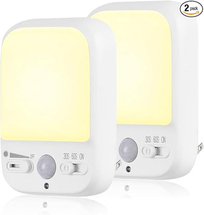 LED Night Light Plug into Walls, Plug-in, Dusk to Dawn Motion Sensor with 4 Lighting Modes, Brightness Adjustable Warm White, Energy Efficient, Ideal Nightlight for Elderly, Baby, Kids (2 Pack)