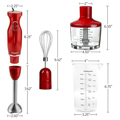 OVENTE Immersion Hand Blender, 300W Electric Handheld Portable Stick Mixer with 2 Mixing Speed and Stainless Steel Blades for Effortless Blending Smoothies, Shakes, Puree or Baby Food, Red HS560R