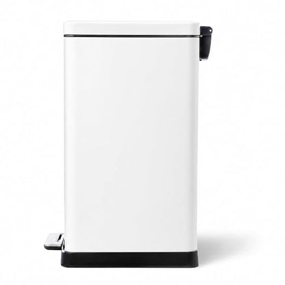 Home Zone Living 12 Gallon Slim Kitchen Trash Can with Soft Close Lid, Step Pedal, Bag Tuck Band, and Removable Liner, Stainless Steel, Matte White