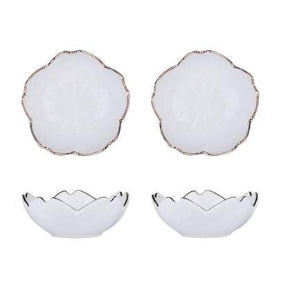 mollensiuer 4Pcs Flower Ceramic Sauce Dish Appetizer Plates Seasoning Dish Serving Dish Condiment Dish Dessert Bowl Sushi Dipping Bowl for Kitchen Home, White