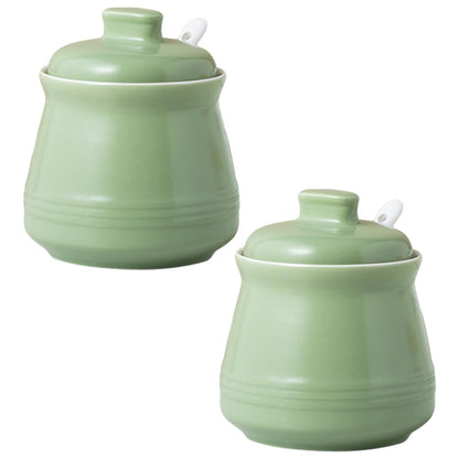 YMYL 2 Pcs Ceramic Sugar Bowls with Lid and Spoon, Farmhouse Seasoning Storage Jar Salt Container for Sugar, Pepper, Coffee, Spice, Salt (Apple Green)