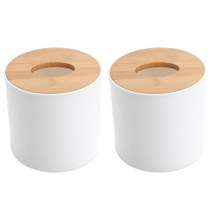 Cabilock Round Tissue Box Cover - Wooden Toilet Paper Holder Case and Facial Tissue Dispenser for Bathroom, Kitchen, Living Room (Boho Decor, 2Pcs)