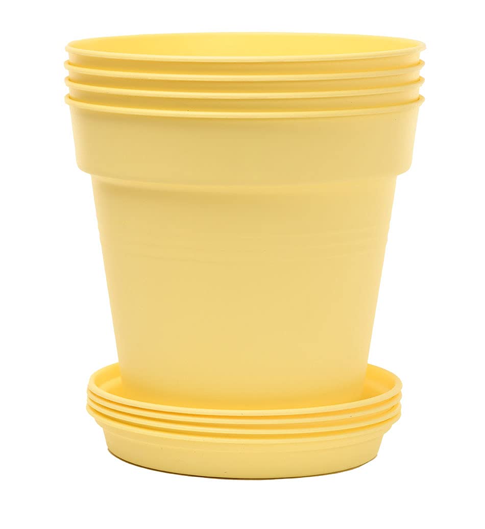 Mintra Garden Pots, 4 Pack Bulk Plastic Plant Pots with Drainage Tray, Round Indoor & Outdoor Decorative Planters with Drain Holes for Flowers, Herbs & Plants, 19cm Diameter – Yellow, 7.5 in