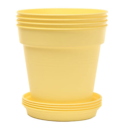 Mintra Garden Pots, 4 Pack Bulk Plastic Plant Pots with Drainage Tray, Round Indoor & Outdoor Decorative Planters with Drain Holes for Flowers, Herbs & Plants, 19cm Diameter – Yellow, 7.5 in