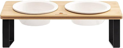 Sunhoo Ceramic Elevated Cat Bowls Raised Puppy Dishes for Food and Water Tilted Wooden Stand for Indoor Cats 5.5 inch Wide Double Dish Orthopedic Reduces Vomiting (Wood Color)