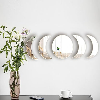 5 Acrylic Mirror Wall Stickers - Self Adhesive Moon Phase Mirrors - Bohemian Decor for Home, Living Room, Bathroom, Bedroom (15cm)