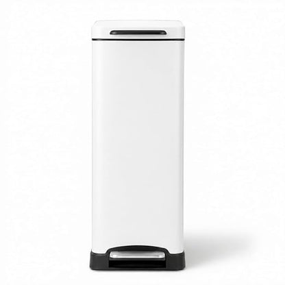 Home Zone Living 12 Gallon Slim Kitchen Trash Can with Soft Close Lid, Step Pedal, Bag Tuck Band, and Removable Liner, Stainless Steel, Matte White