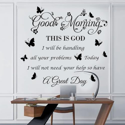 Bible Verse Inspirational Quote Good Morning This Is God Wall Stickers - Religious Decals With Flower Butterfly for Bedroom, Living Room, Office, Bathroom Decoration, Black