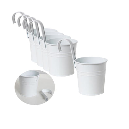 Leoyoubei 4inch Hanging Flower Pots for Outdoor Indoor Plants with Removable Hooks -5 Pack White Metal Buckets Hanging Plant Pots Wall Fence Home Decor-Small Storage Box,Drainage Holes