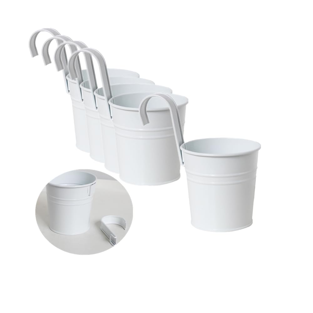 Leoyoubei Hanging Flower Pots for Outdoor Indoor Plants with Removable Hooks -5 Pack Metal Buckets Hanging Planters Wall Fence Home Decor-Storage Box,Drainage Holes -5''Diameter (White)
