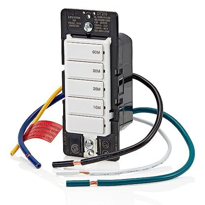 Leviton Countdown Timer Switch for bathroom fan and household lights, 5-10-15-30 min, No Neutral Required, Single Pole, 15A, 1/2 HP/9.8A Fan/Motor, DT130-1LW, White