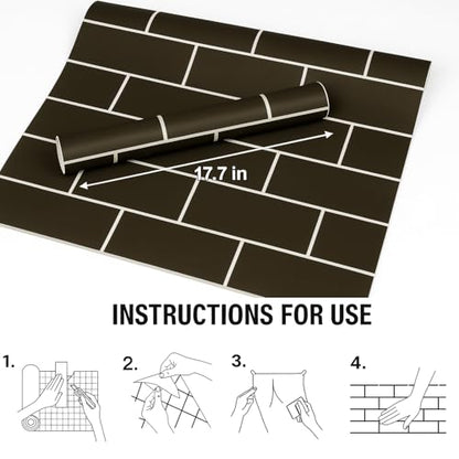 Black Brick Peel and Stick Wallpaper Waterproof Self Adhesive Removable Vinyl Wall Covering with White Grout Lines for Kitchen Backsplash Bedroom Home Decor (17.7 x 118 Inch)