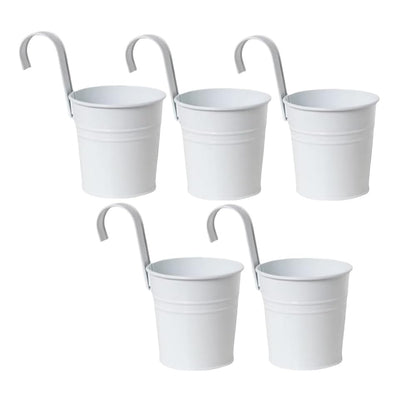 XZJMY 5 Pcs Hanging Flower Pots Metal Iron Bucket Planter Pot Metal Bucket Flower Holder with Hook Indoor Outdoor Decor for Railing Fence Balcony Garden (White)