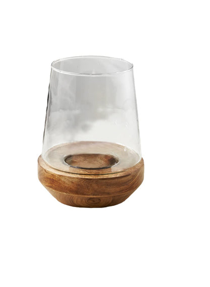 Serene Spaces Living Glass Hurricane with Natural Wood Base, Decorative Candle Holder, Glass Terrarium Vase, Bud Vase, Potpourri Container, Wedding, Event, Home Decor, 7.75" Diameter & 9.75" Tall