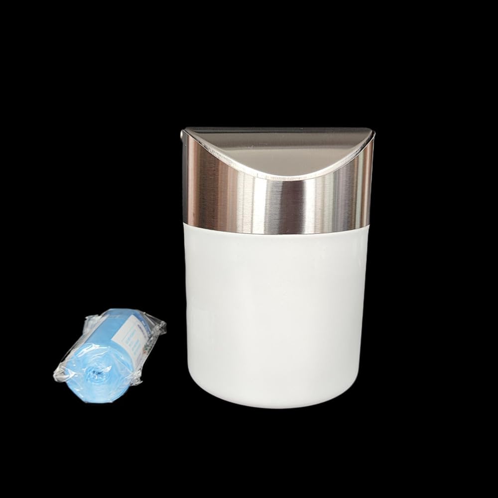 Ebonee Mini Desktop Trash Can with Swing Lid, Stainless Steel Tiny Garbage Bin Can, Come with Trash Bag, Small Metal Countertop Trash Bin Can for Home, Office, Bathroom, Kitchen, Car, Bedroom (White)